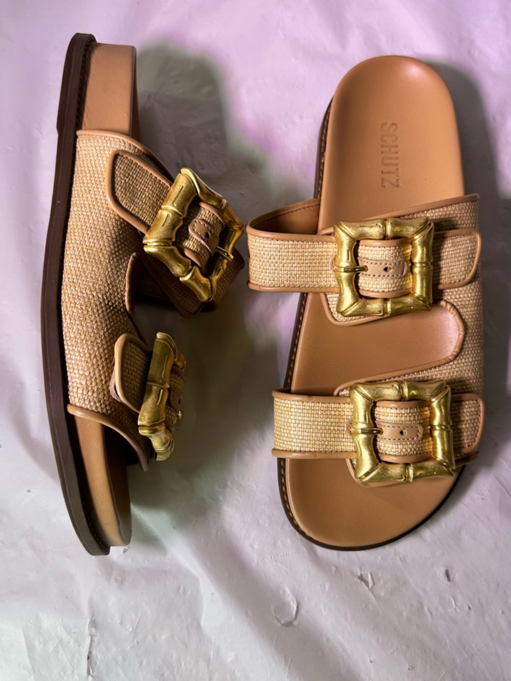 SCHUTZ Tan Slide Sandals with Gold Buckle Accents - Picture 5 of 11